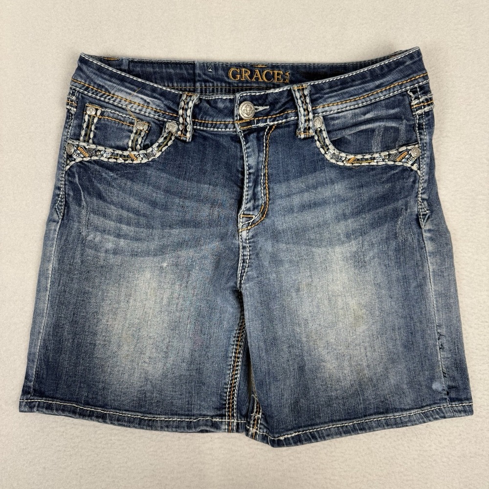 Grace in LA Women's Size 31 Embellished Denim Shorts Flap Pocket Western Bling